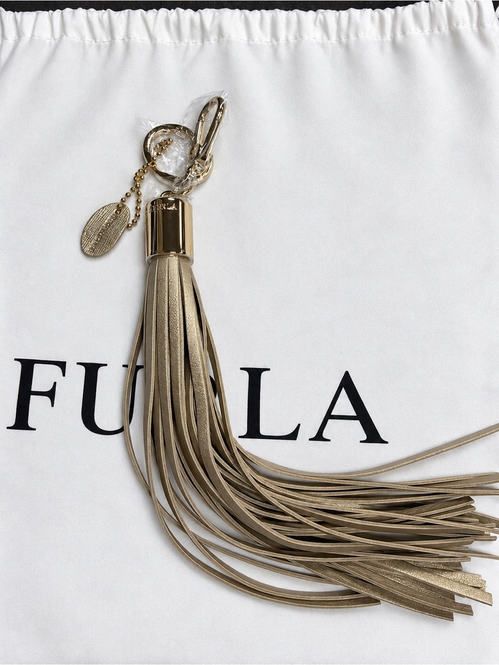 Furla Oversized Leather Tassel Bag Charm Keychain Gold Taupe Deadstock